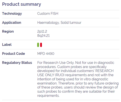 CytoCell myProbes IGK c-MYC Dual Fusion Probe table of product information