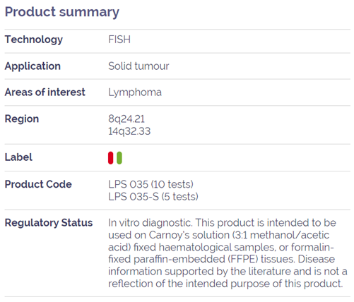 CytoCell myProbes IGH MYC Translocation, Dual Fusion Probe table of product information