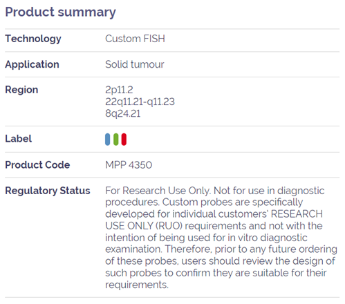 CytoCell myProbes IGK IGL MYC Dual Fusion Probe table of product information