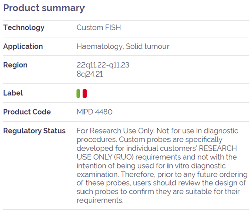 CytoCell myProbes IGL c-MYC Dual Fusion Probe table of product information