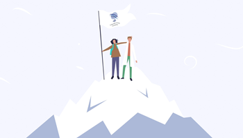 Illustration of two people atop a mountain holding a flag with the OGT logo on it